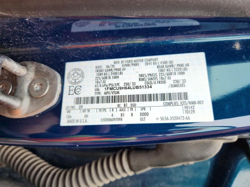 49738606 :رقم المزاد ، 1FMCU9H64LUB51334 vin ، 2020 Ford Escape مزاد بيع