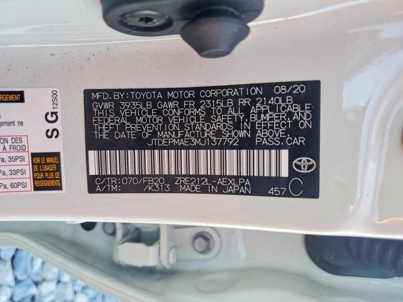 Aukcja sprzedaży 2021 Toyota Corolla, vin: JTDEPMAE3MJ137792, numer aukcji: 50242316