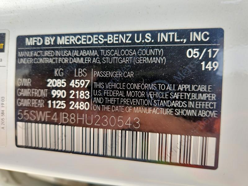 Aukcja sprzedaży 2017 Mercedes-benz C, vin: 55SWF4JB8HU230543, numer aukcji: 50165006