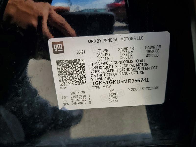 50459546 :رقم المزاد ، 1GKS1GKD5MR356741 vin ، 2021 Gmc Yukon Xl مزاد بيع