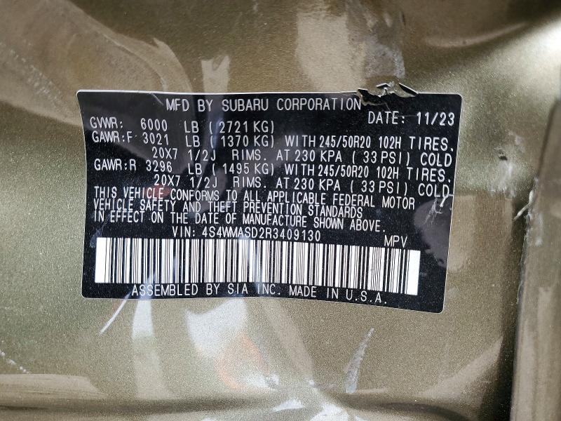 2024 Subaru Ascent მანქანა იყიდება აუქციონზე, vin: 4S4WMASD2R3409130, აუქციონის ნომერი: 50182046