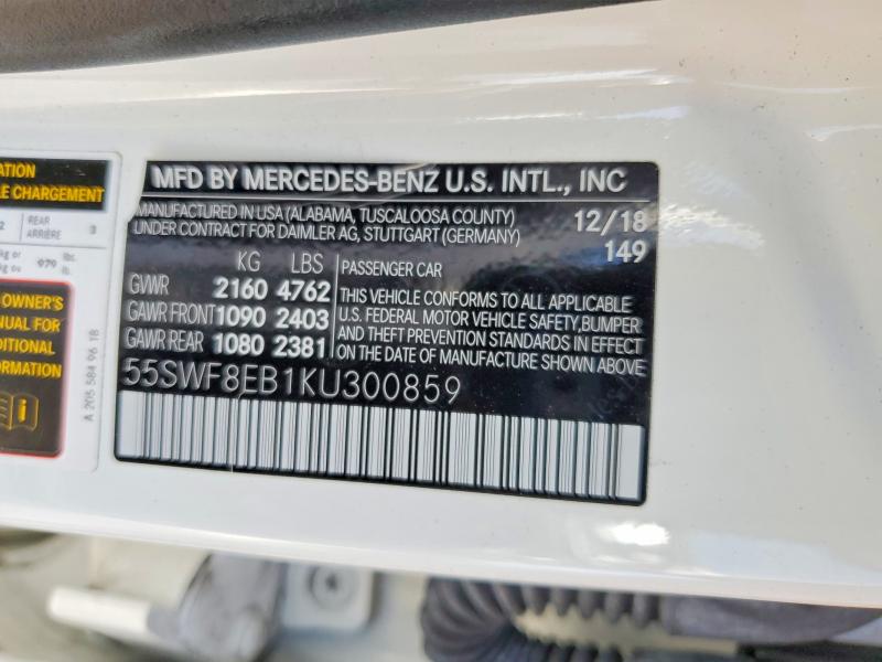 2019 Mercedes-benz C300 მანქანა იყიდება აუქციონზე, vin: 55SWF8EB1KU300859, აუქციონის ნომერი: 51333616