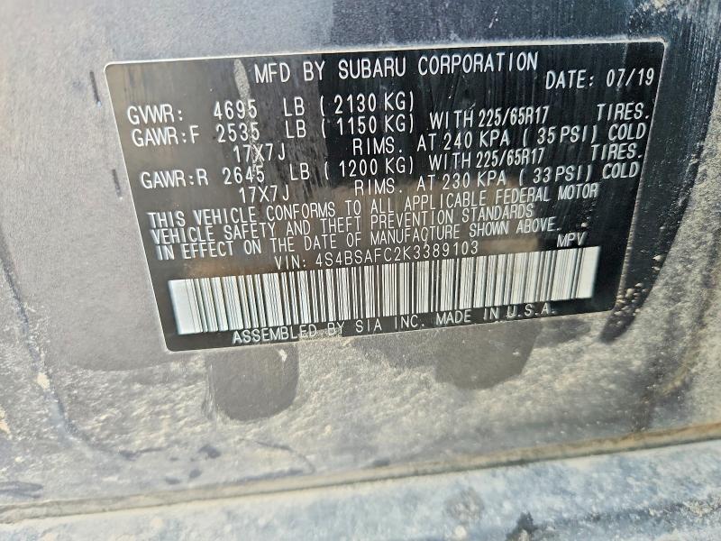 Aukcja sprzedaży 2019 Subaru Outback, vin: 4S4BSAFC2K3389103, numer aukcji: 48989766
