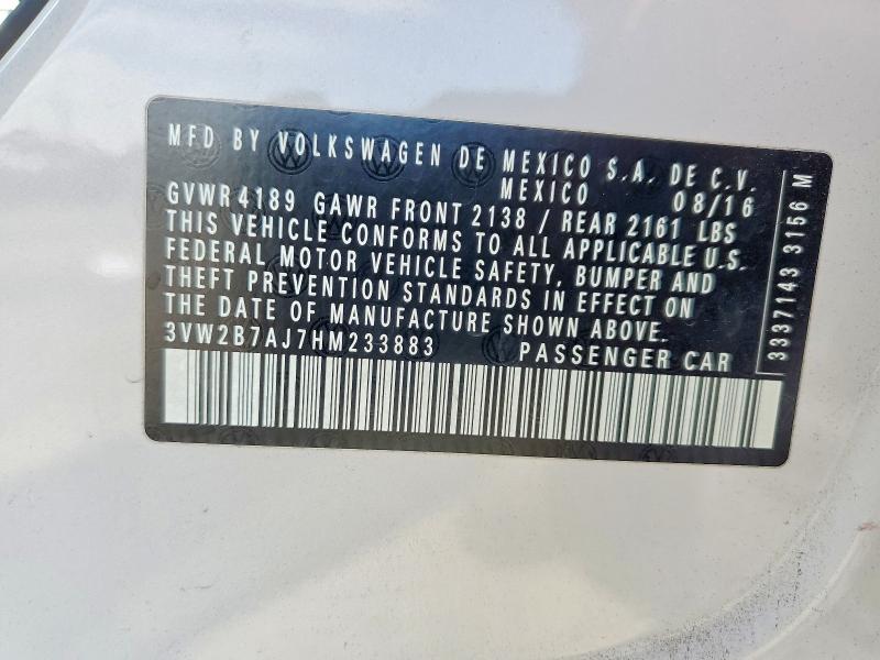 2017 Volkswagen Jetta მანქანა იყიდება აუქციონზე, vin: 3VW2B7AJ7HM233883, აუქციონის ნომერი: 48504686