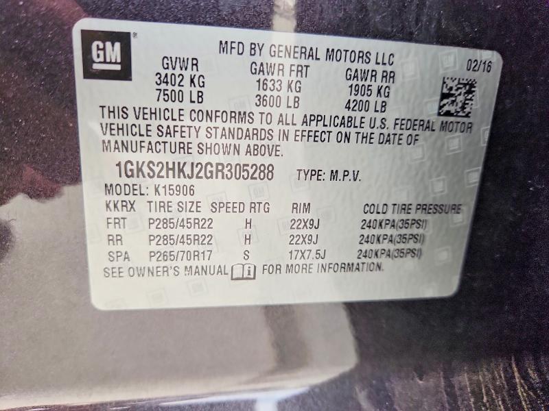 50141786 :رقم المزاد ، 1GKS2HKJ2GR305288 vin ، 2016 Gmc Yukon Xl مزاد بيع