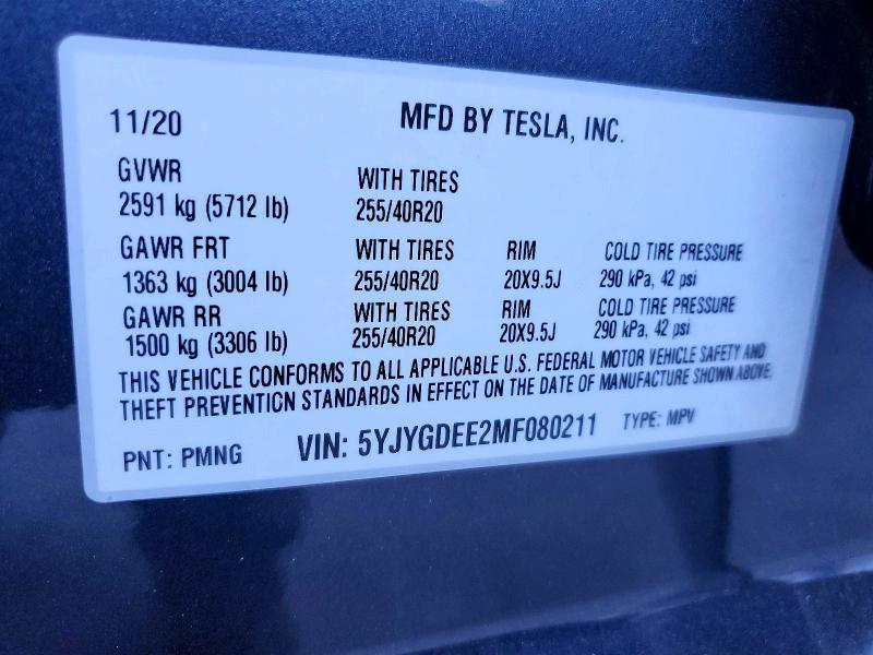 2021 Tesla Model Y მანქანა იყიდება აუქციონზე, vin: 5YJYGDEE2MF080211, აუქციონის ნომერი: 50156026