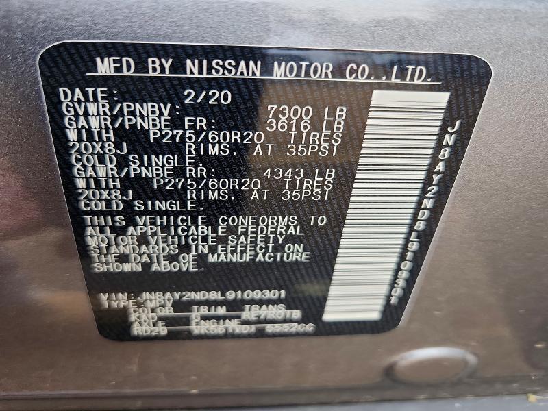 2020 Nissan Armada მანქანა იყიდება აუქციონზე, vin: JN8AY2ND8L9109301, აუქციონის ნომერი: 51287376