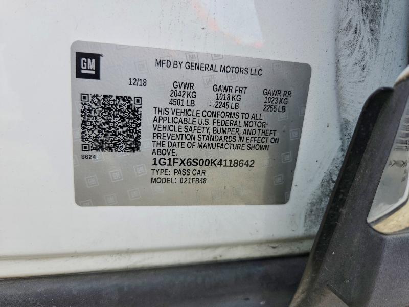 2019 Chevrolet Bolt Ev მანქანა იყიდება აუქციონზე, vin: 1G1FX6S00K4118642, აუქციონის ნომერი: 49956706