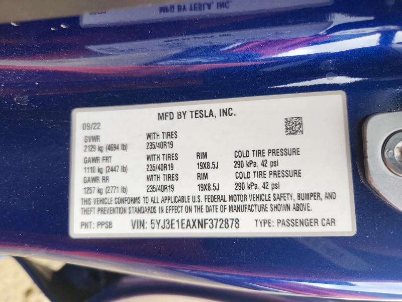 50683996 :رقم المزاد ، 5YJ3E1EAXNF372878 vin ، 2022 Tesla Model 3 مزاد بيع