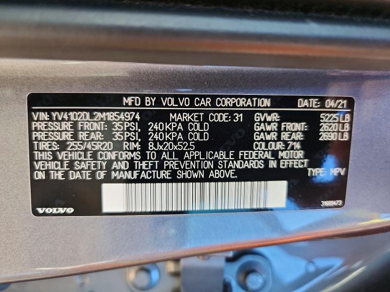 Aukcja sprzedaży 2021 Volvo Xc60, vin: YV4102DL2M1854974, numer aukcji: 48952626