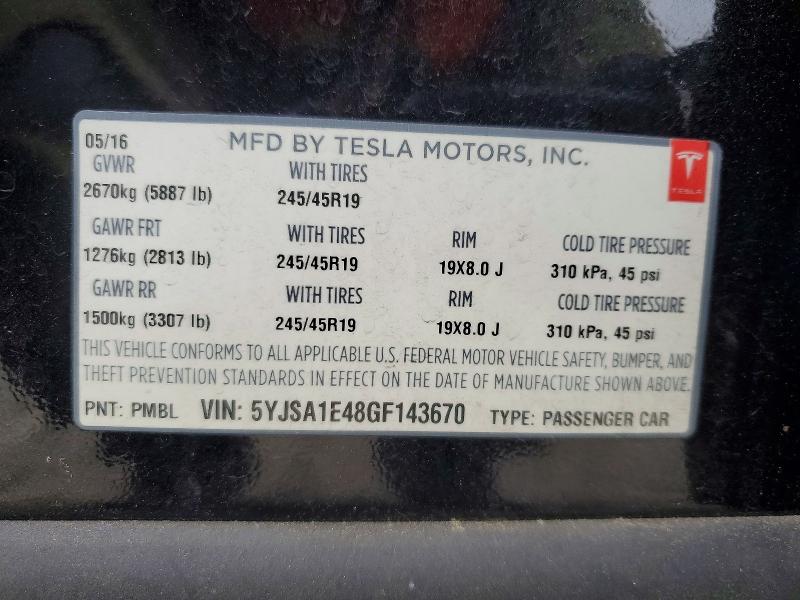 48942676 :رقم المزاد ، 5YJSA1E48GF143670 vin ، 2016 Tesla Model S مزاد بيع