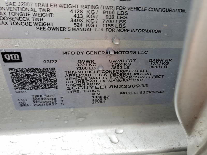 Auction sale of the 2022 Chevrolet Silverado Ltd, vin: 1GCUYEEL8NZ230933, lot number: 47138936