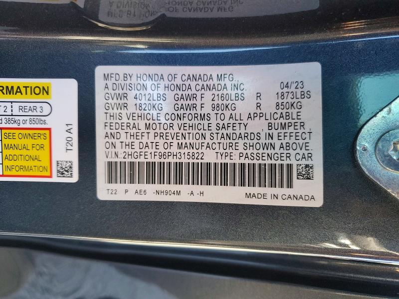 Продажа на аукционе авто 2023 Honda Civic, vin: 2HGFE1F96PH315822, номер лота: 49575406