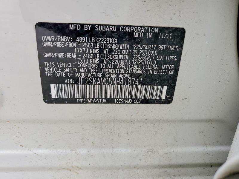 51351226 :رقم المزاد ، JF2SKAMC5NH418741 vin ، 2022 Subaru Forester مزاد بيع