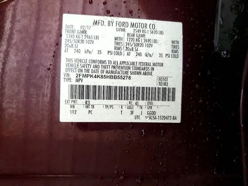 Продаж на аукціоні авто 2017 Ford Edge, vin: 2FMPK4K85HBB55278, номер лоту: 51470316