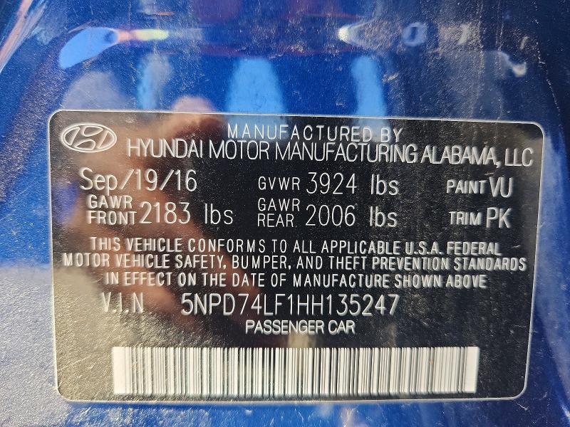 50790196 :رقم المزاد ، 5NPD74LF1HH135247 vin ، 2017 Hyundai Elantra مزاد بيع