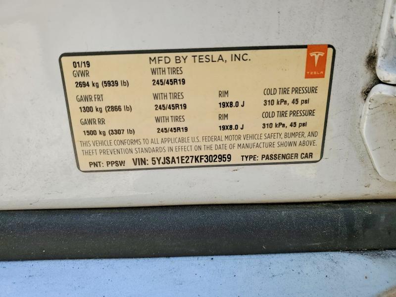 2019 Tesla Model S მანქანა იყიდება აუქციონზე, vin: 5YJSA1E27KF302959, აუქციონის ნომერი: 48313626