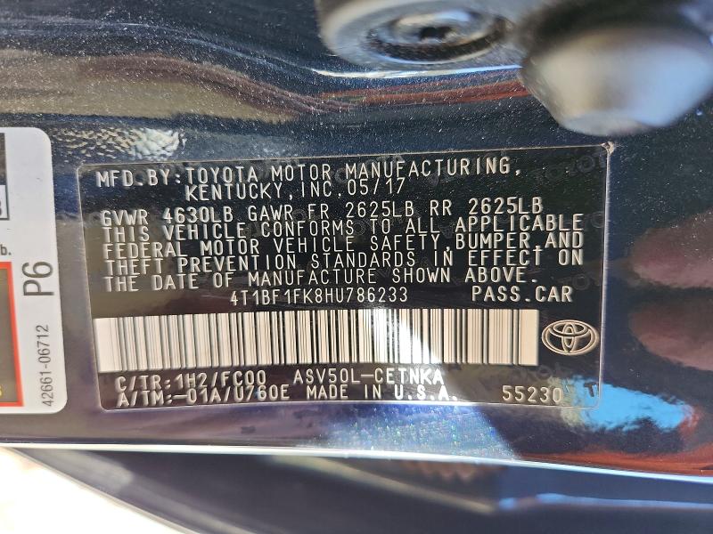 Auction sale of the 2017 Toyota Camry, vin: 4T1BF1FK8HU786233, lot number: 50568076