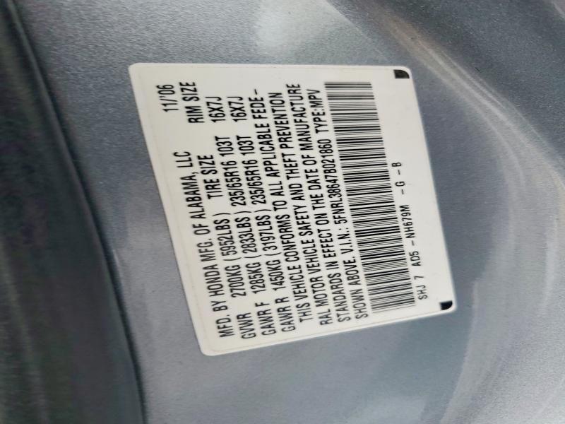 Auction sale of the 2007 Honda Odyssey, vin: 5FNRL38647B021860, lot number: 48236586