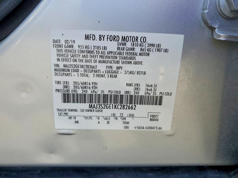 2019 Ford Ecosport მანქანა იყიდება აუქციონზე, vin: MAJ3S2GE1KC282662, აუქციონის ნომერი: 50358386