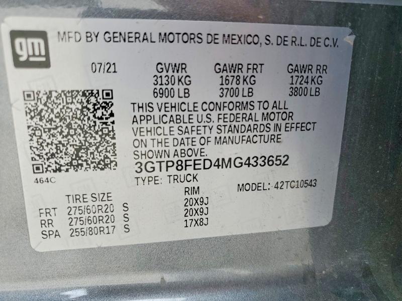 48646156 :رقم المزاد ، 3GTP8FED4MG433652 vin ، 2021 Gmc Sierra مزاد بيع