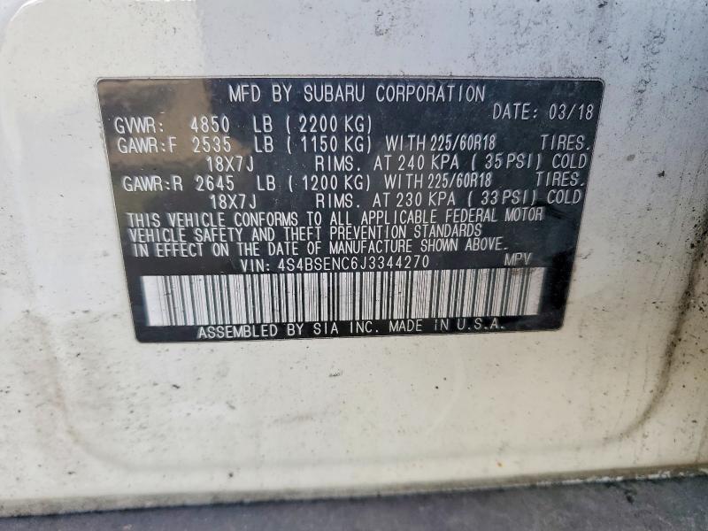 Продаж на аукціоні авто 2018 Subaru Outback, vin: 4S4BSENC6J3344270, номер лоту: 50284006