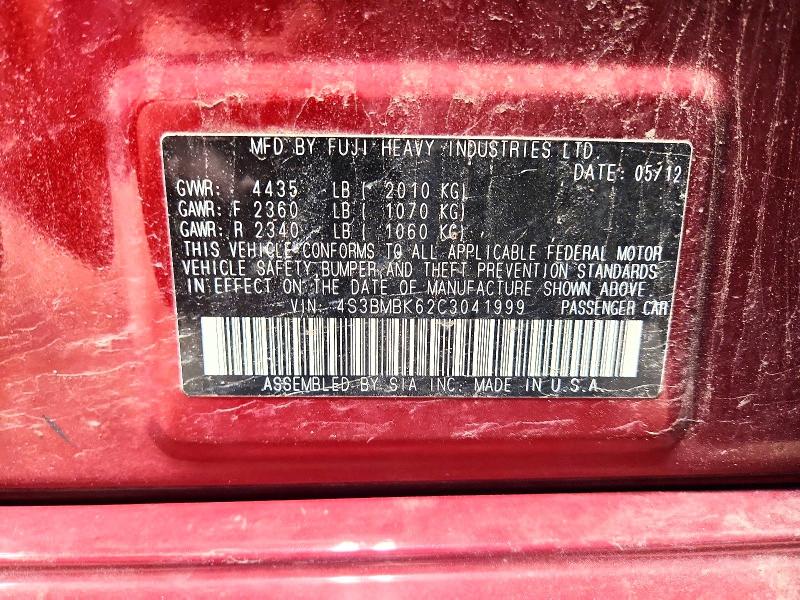 51043436 :رقم المزاد ، 4S3BMBK62C3041999 vin ، 2012 Subaru Legacy مزاد بيع