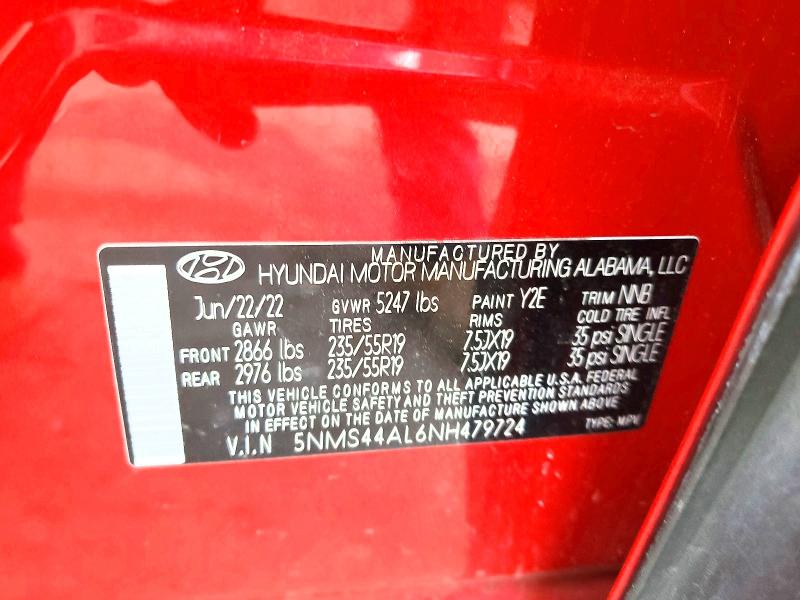 2022 Hyundai Santa Fe მანქანა იყიდება აუქციონზე, vin: 5NMS44AL6NH479724, აუქციონის ნომერი: 51628056