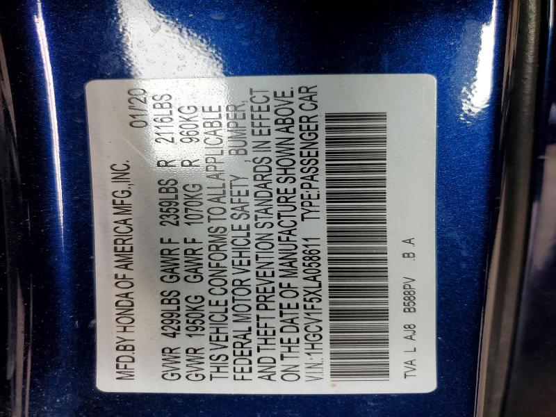 2020 Honda Accord მანქანა იყიდება აუქციონზე, vin: 1HGCV1F5XLA058611, აუქციონის ნომერი: 50283806