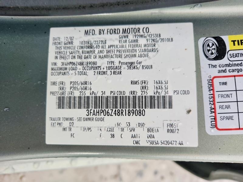 Продажа на аукционе авто 2008 Ford Fusion, vin: 3FAHP06Z48R189080, номер лота: 49159556