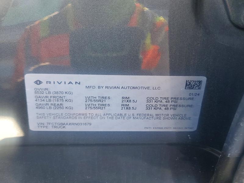 50419426 :رقم المزاد ، 7FCTGBAAXRN031679 vin ، 2024 Rivian R1t مزاد بيع