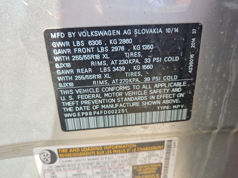 2015 Volkswagen Touareg მანქანა იყიდება აუქციონზე, vin: WVGEP9BP4FD002251, აუქციონის ნომერი: 49784236