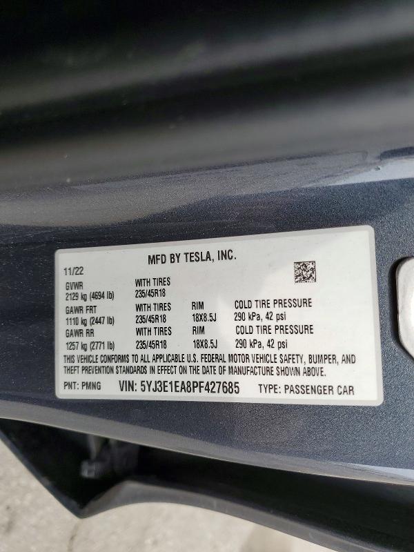 2023 Tesla Model 3 მანქანა იყიდება აუქციონზე, vin: 5YJ3E1EA8PF427685, აუქციონის ნომერი: 49437486