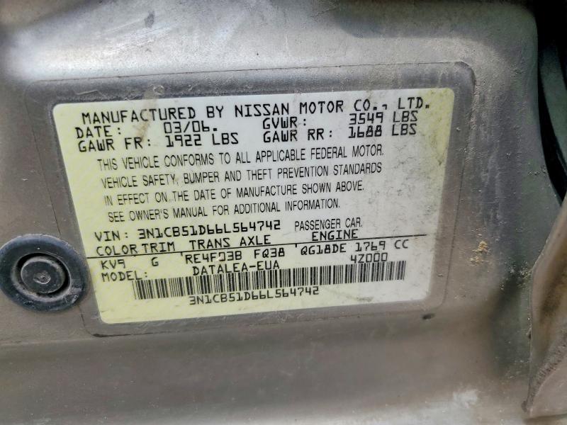 50212966 :رقم المزاد ، 3N1CB51D66L564742 vin ، 2006 Nissan Sentra مزاد بيع