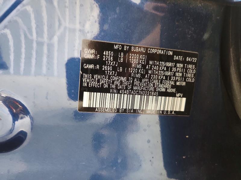 2022 Subaru Outback მანქანა იყიდება აუქციონზე, vin: 4S4BTADC7N3231845, აუქციონის ნომერი: 48449726