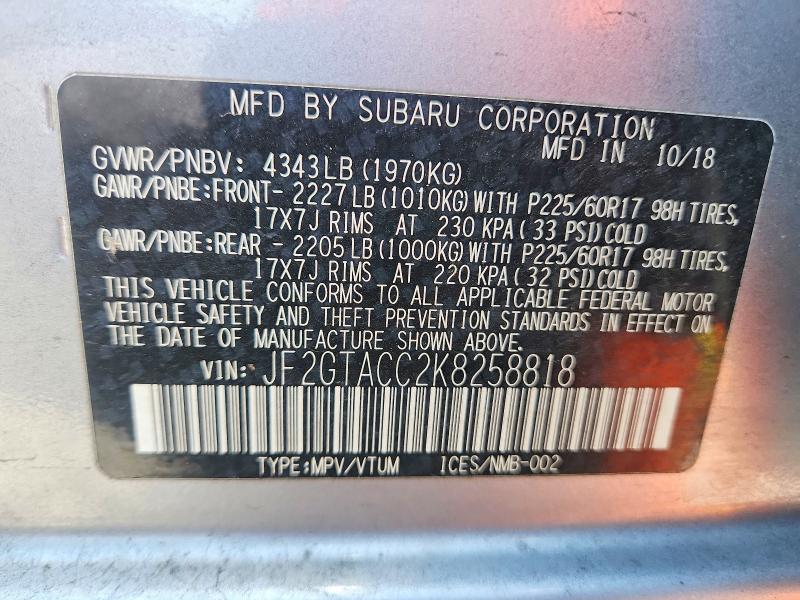 2019 Subaru Crosstrek მანქანა იყიდება აუქციონზე, vin: JF2GTACC2K8258818, აუქციონის ნომერი: 50123466