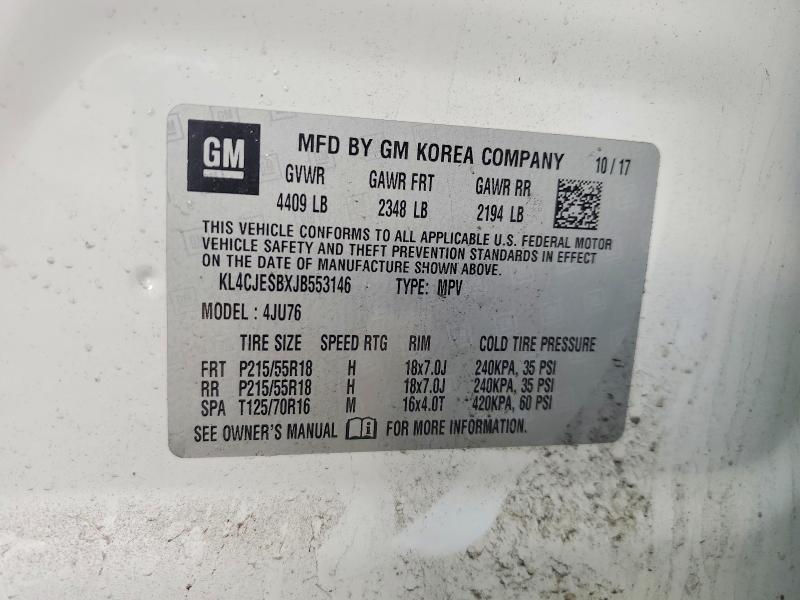2018 Buick Encore მანქანა იყიდება აუქციონზე, vin: KL4CJESBXJB553146, აუქციონის ნომერი: 51364136