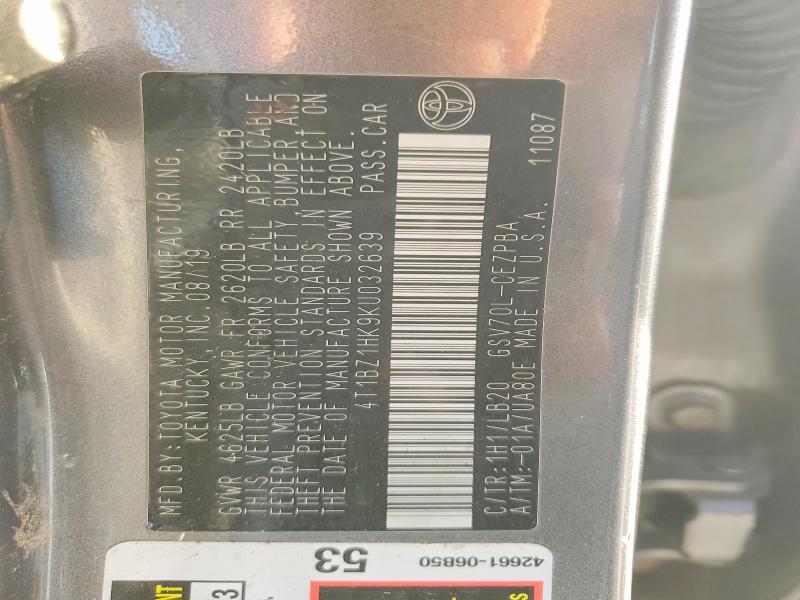 49062636 :رقم المزاد ، 4T1BZ1HK9KU032639 vin ، 2019 Toyota Camry مزاد بيع