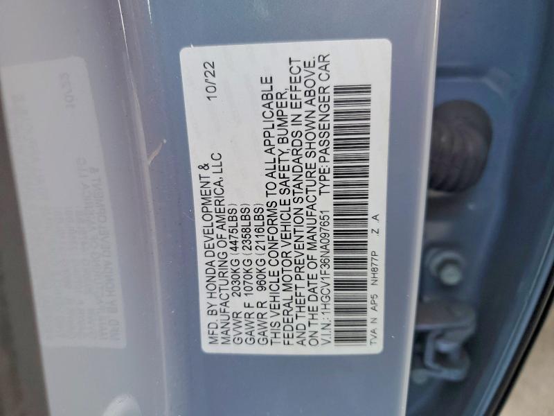 Aukcja sprzedaży 2022 Honda Accord, vin: 1HGCV1F36NA097651, numer aukcji: 48871656