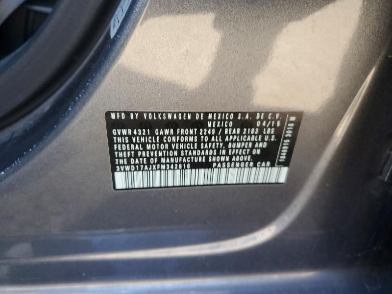 2015 Volkswagen Jetta მანქანა იყიდება აუქციონზე, vin: 3VWD17AJXFM342816, აუქციონის ნომერი: 49286756
