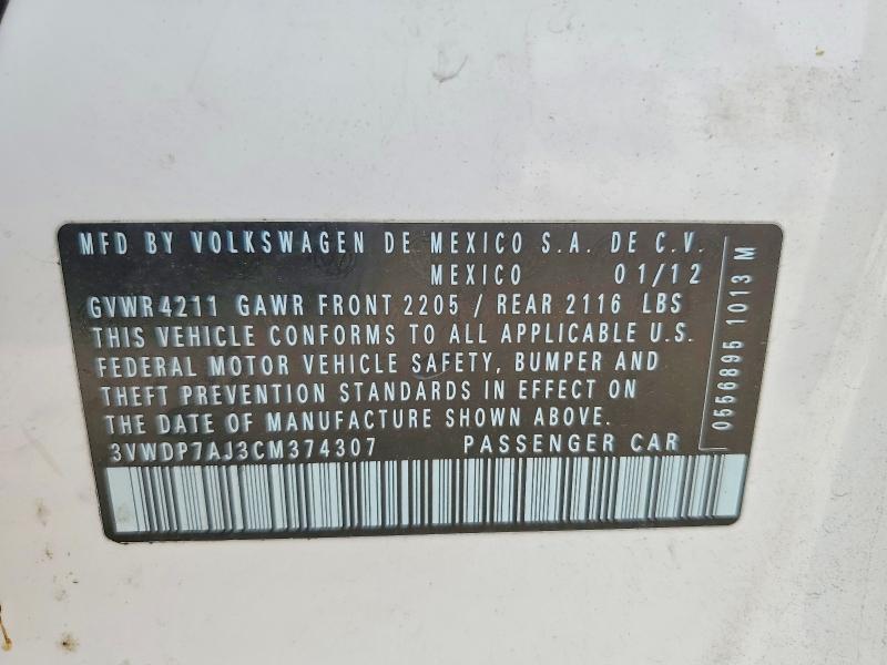 Aukcja sprzedaży 2012 Volkswagen Jetta, vin: 3VWDP7AJ3CM374307, numer aukcji: 50274686