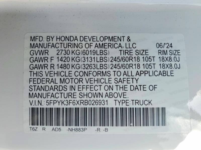 Aukcja sprzedaży 2024 Honda Ridgeline, vin: 5FPYK3F6XRB026931, numer aukcji: 50188556