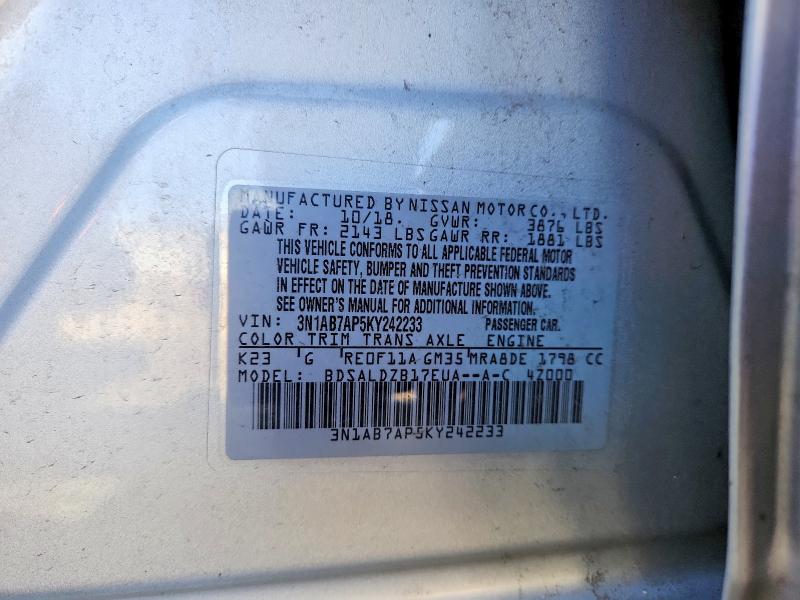 Продаж на аукціоні авто 2019 Nissan Sentra, vin: 3N1AB7AP5KY242233, номер лоту: 50494126