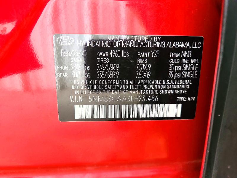 Aukcja sprzedaży 2020 Hyundai Santa Fe, vin: 5NMS3CAA3LH231486, numer aukcji: 50006176