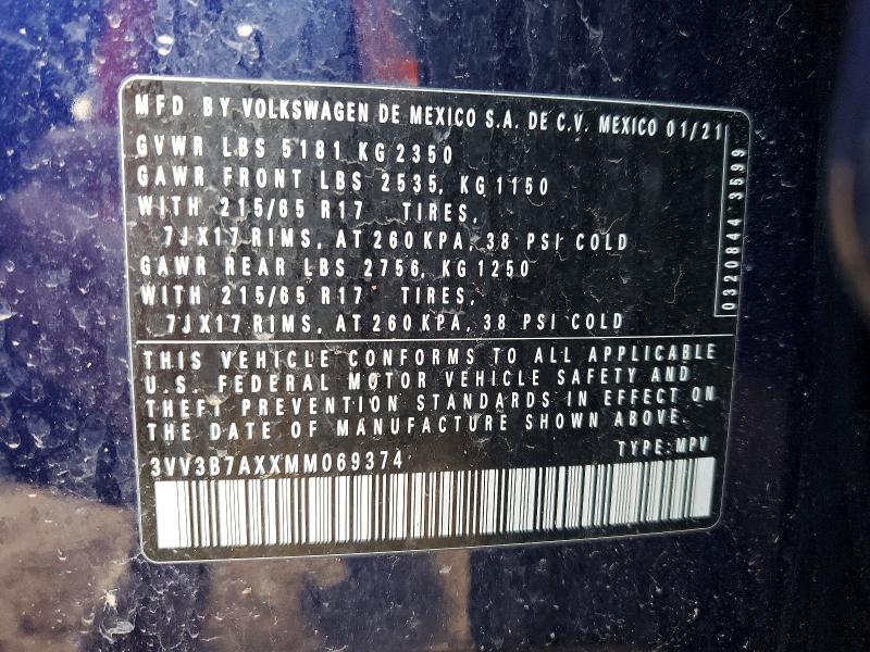 51201596 :رقم المزاد ، 3VV3B7AXXMM069374 vin ، 2021 Volkswagen Tiguan مزاد بيع