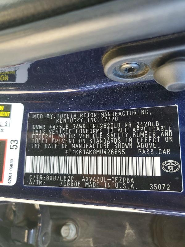 Продаж на аукціоні авто 2021 Toyota Camry, vin: 4T1K61AK8MU426865, номер лоту: 50946696