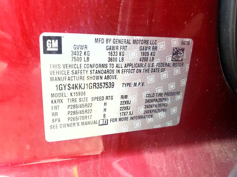 51757836 :رقم المزاد ، 1GYS4KKJ1GR357539 vin ، 2016 Cadillac Escalade مزاد بيع