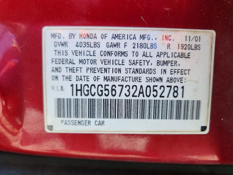 49908566 :رقم المزاد ، 1HGCG56732A052781 vin ، 2002 Honda Accord مزاد بيع