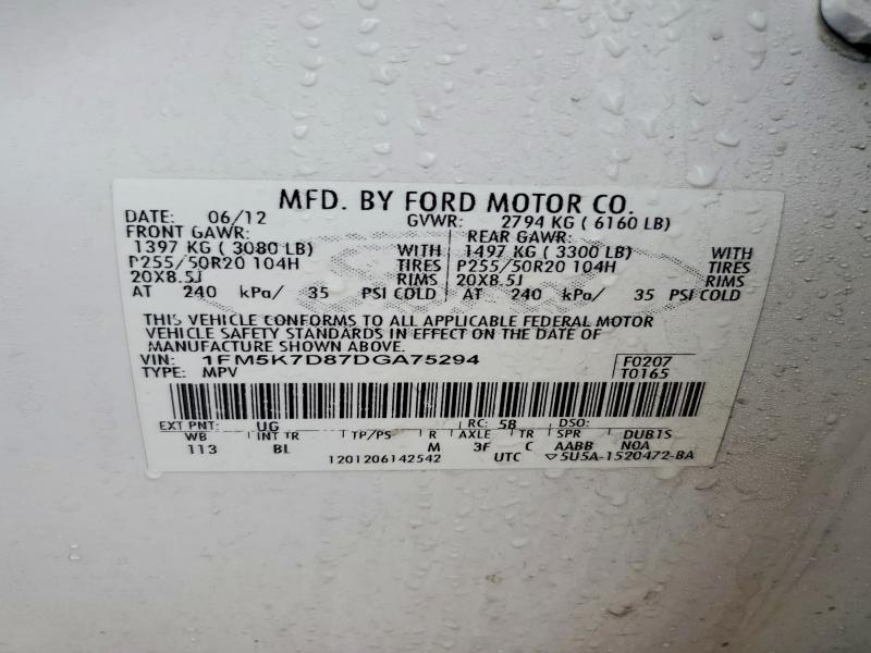 47938366 :رقم المزاد ، 1FM5K7D87DGA75294 vin ، 2013 Ford Explorer مزاد بيع
