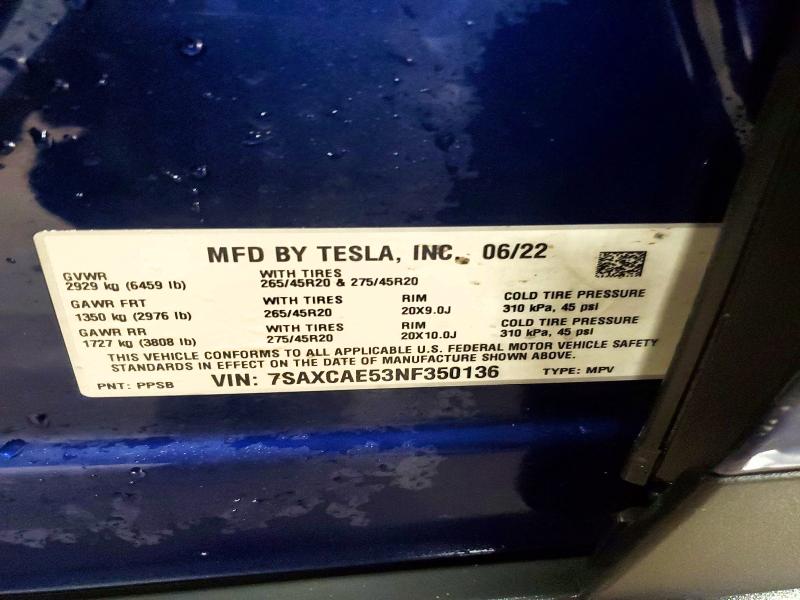 Продажа на аукционе авто 2022 Tesla Model X, vin: 7SAXCAE53NF350136, номер лота: 51141446